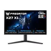 Acer Predator X (X27X1bmiippruzx) 26.5&quot 4K Gaming Monitor 67.3 cm (26.5 inch) OLED 240Hz HDR1000 2xHDMI + 2xDP Speakers