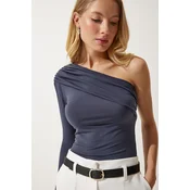 Happiness Istanbul Womens Anthracite One-Shoulder Gathered Detailed Knitted Blouse