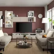 BESTA TV komb. za odlaganje/stakl.vrata, bela Lappviken/svetla sivobež bistro staklo, 300x42x211 cm