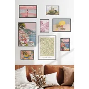 WallXpert set od 8 uramljenih slika Çgs-060, mediteranski motivi u pastelnim tonovima – primorski grad, limuni, školjke i šara Williama Morrisa, crni ram