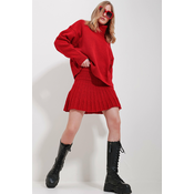 Trend Alaçati Stili Womens Red Turtleneck Sweater And Pleated Skirt Set