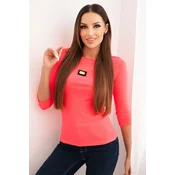 Kesi Womens ribbed blouse with 3/4 sleeves and decorative patch neon pink