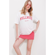 Trend Alaçati Stili Womens Pink Crew Neck Printed Oversize Cotton T-Shirt