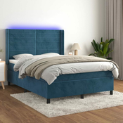 Greatstore Box spring postelja z vzmetnico LED temno modra 140x200cm žamet
