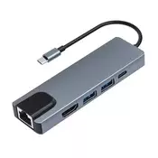 Adapter Type C na LAN Gb/ Type C/ 2xUSB 3.0 i HDMI 5u1 20cm kabl