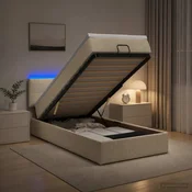 vidaXL Otomanska postelja z vzmetnico in LED Krem 90 x 190 cm Blago