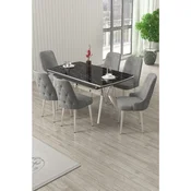 Hanah Home trpezarijski set Nis, sto na razvlacenje i 6 stolica, ploca u dekoru crnog mermera, hromirane noge, siva tkanina Babyface