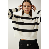 Happiness Istanbul Womens Ecru High Neck Striped Knitwear Sweater