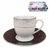 ŠALICE ZA KAVU S TANJURICIMA 6/1 PORCULAN 180 ML - SREBRNA LINIJA, CRNO-BIJELE