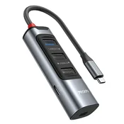 HUB postaja Havit 5v1 HB24 s štirimi USB izhodi - 3x USB-A, 1x USB-C in Mini Display Port - 100W, 5Gbps in 4K - siv - USB-C priključek