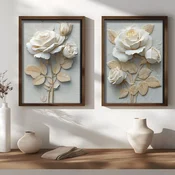 WallXpert set uramljenih MDF slika NAL200-70, bele ruže sa zlatnim listovima na svetloplavoj pozadini, 2 x 50 x 70 cm