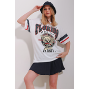 Trend Alaçati Stili Womens White Crew Neck Printed Two Thread Oversize T-Shirt