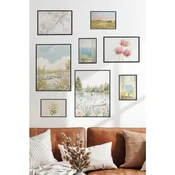 WallXpert set od 8 manjih uramljenih slika Çgs-053, pastelni pejzaži – beli labud na jezeru, cvetna livada, more i roze lale, crni ram