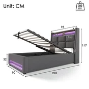 SONNENH Enojna postelja, 90 x 200 cm, lan, siva, 210 x 95 x 117 cm, led osvetlitev, priključek usb, za spalnico