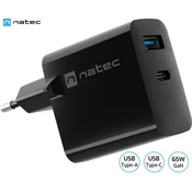 Natec Ribera GaN univerzalni polnilec, 65 W, USB-A, USB-C, črn