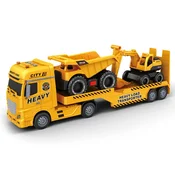 Žuti kamion transporter sa kiperom i bagerom