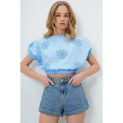 Trend Alacati Stili Ženska bluza kratkih rukava Alc-X13769, Brod izrez, Svetloplava