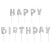 Rojstnodnevne svečke z napisom Happy Birthday – srebrne z bleščicami
