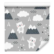 Tapeta s plišastimi medvedki med oblaki in gorami za dnevno sobo in spalnico 50x1000 cm