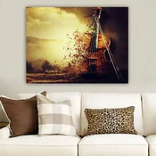 WallXpert slika na platnu 273407909_70100, violina koja se raspada u komadice na zlatnoj pozadini, 70 x 100 cm