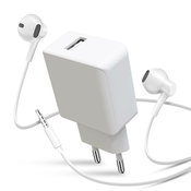 AVIZAR Paket 2 v 1: omrežni polnilnik USB 2,1 A Jack 3,5 žicne slušalke s kompletom za prostorocno telefoniranje - bele, (20731562)