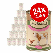 Ekonomično pakiranje Lukullus Junior 24 x 400 g - Pureća srca i janjetina