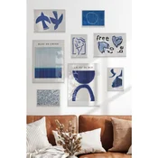 WallXpert set od 8 uramljenih slika Çgs-078, plavi apstraktni motivi – ptice, ženski profil linijom i more, beli ram