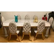 Casa Padrino Luxury Art Deco Dining Set White/Gray/Gold - 1 Art Deco Dining Table with Faux Marble Tabletop & 8 Art Deco Dining Chairs - Magnificent Art Deco Dining Furniture - Luxury Quality
