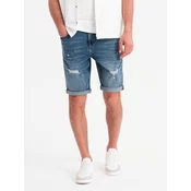 Ombre Mens short denim shorts with rubbing and rolled up leg - blue