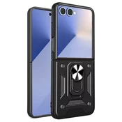 Oklepni ovitek MaX-Armor z obročem, kovinsko ploščico in zaščito zadnjih kamer za Samsung Galaxy Z Flip7 - črn