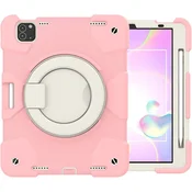 Nikcorp Vzdržljiv zaščitni ovitek za iPad Mini 6 8.3 z vrtljivim stojalom in držalom za pisalo, roza