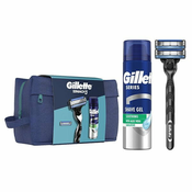 Gillette Mach3 Set aparat za brijanje 1 kom + rezervna glava 1 kom + gel za brijanje Series Soothing With Aloe Vera Sensitive Shave Gel 200 ml + kozmeticka torbica za muškarce