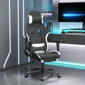 Vidaxl Masažni gaming stol z oporo za noge črno in belo blago