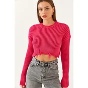 Bianco Lucci Womens Crew Neck Ripped Detail Crop Knitwear Sweater