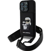 Karl Lagerfeld Saffiano ovitek s crossbody paščkom Karl in Choupette za iPhone 16 Pro Max, črn