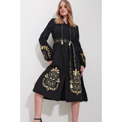 Trend Alaçati Stili Womens Black Large Collar Belted Double Slit Linen Dress