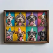 WallXpert uramljena MDF slika NAL173-70, psi sa rodendanskim kapicama na šarenim poljima, 50 x 70 cm