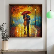 WallXpert uramljena MDF slika DOS016-33, par pod crvenim kišobranom u jesenjem parku, uljani stil, 34 x 34 cm