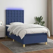 Greatstore Box spring postelja z vzmetnico LED modra 90x190 cm blago