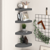 Plutajuce kutne police 4 kom sjajne sive 25 x 25 x 3,8 cm MDF