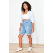Trendyol Curve Blue Leg Tassel Detailed Stretchy Skinny Denim Shorts
