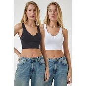 Happiness Istanbul Womens Anthracite White Strappy 2-Pack Crop Knitted Blouse