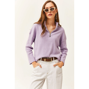 Olalook Womens Lilac Zipper High Neck Raised Sweater