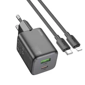 Hoco Mrežni polnilnik za telefon Hoco USB-A + USB-C QC PD 3A 20 W + kabel USB-C na Lightning N41, črn