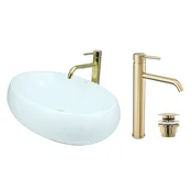 shumee GTM Design Aufsatzwaschbecken 60 cm Glanz Set mit Waschtischbatterie und Stopfen - Aufsatzwaschbecken Oval für Badezimmer - Modern Waschbecken ohne Hahnloch - Waschbecken mit Armature
