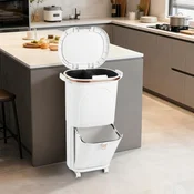 Costway Kuhinjski koš za smeti 38L s pokrovom, 2 odstranljiva vsebnika, pedal, kolesa, bel