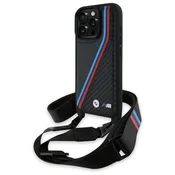 slomart Ohišje BMW M Edition Carbon Tricolor Lines & Strap za iPhone 16 Pro Max - črno