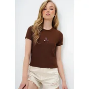 Trend Alacati Stili Ženska bluza kratkih rukava Alc-X13672, Okrugli izrez, Smeda