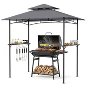 Costway Barbecue nadstrešek z dvojno vodoodporno streho 2 kovinski polici 8 zgornjih kljuk siva