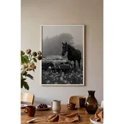 WallXpert uramljena slika 115225, crni konj i klasicni kabriolet u magli, crno-belo, 30 x 40 cm, beli ram